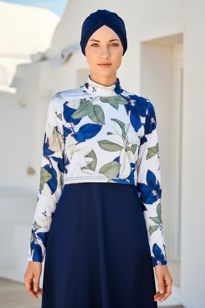 Tam Kapalı Tesettür Mayo Lacivert Desenli Likralı 4 Parça 1972 Ürün ikincil görseli