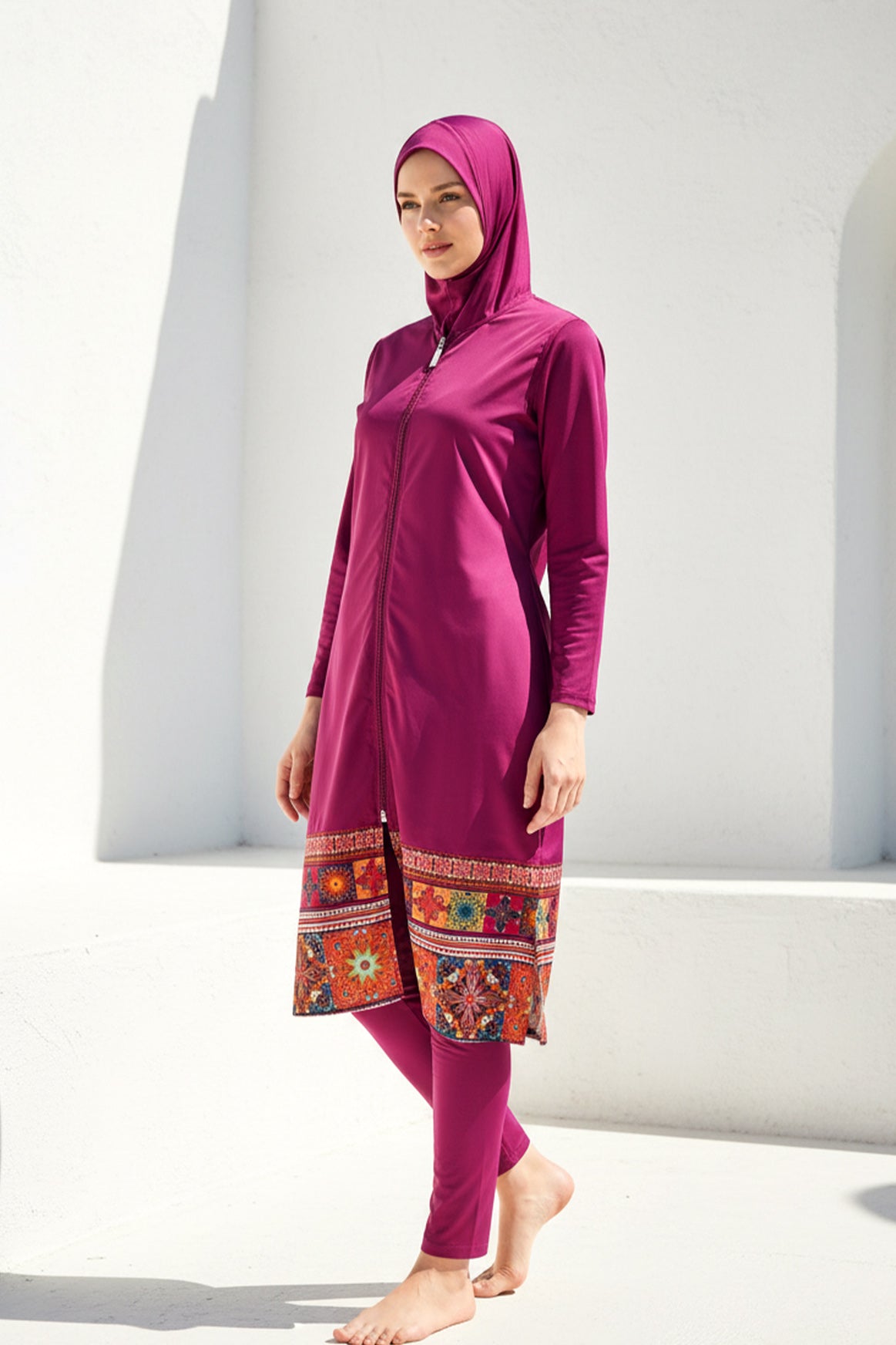 Tam Kapalı Tesettür Mayo Mürdüm Paraşüt Kumaşlı 3 Parça 1982