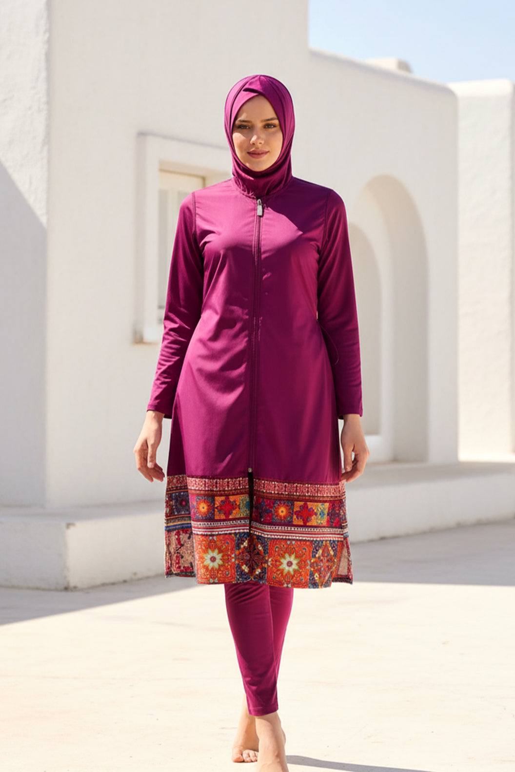 Tam Kapalı Tesettür Mayo Mürdüm Paraşüt Kumaşlı 3 Parça 1982