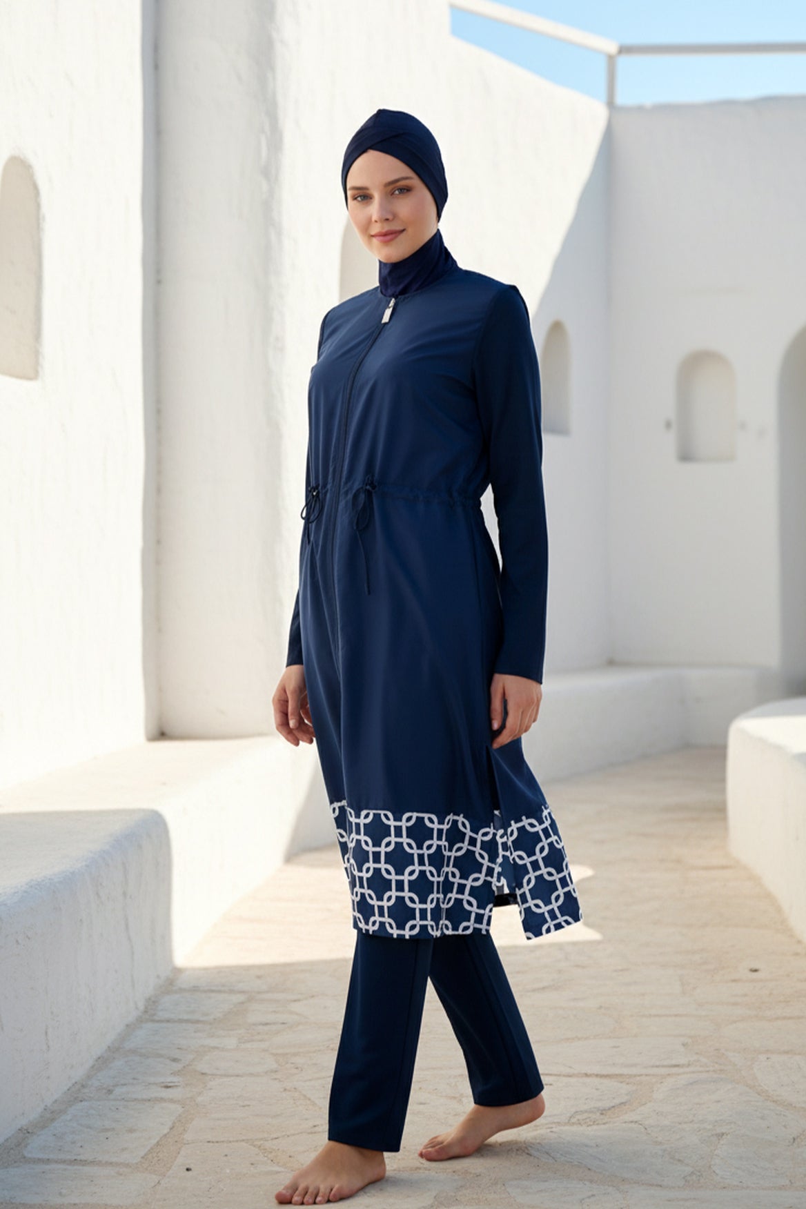 Tam Kapalı Tesettür Mayo Lacivert Paraşüt Kumaşlı 3 Parça 1997