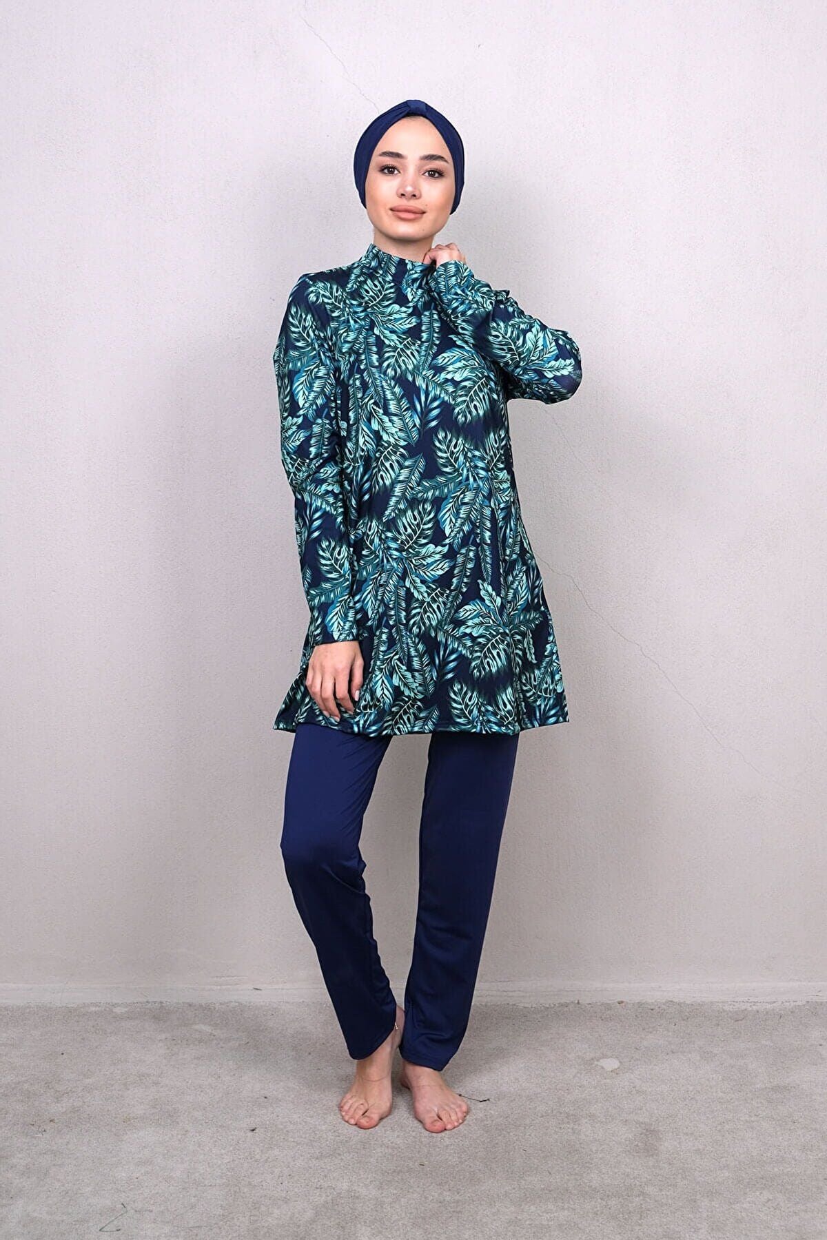 4’lü Lacivert Yaprak Desenli Tam Kapalı Tesettür Mayo  M2240