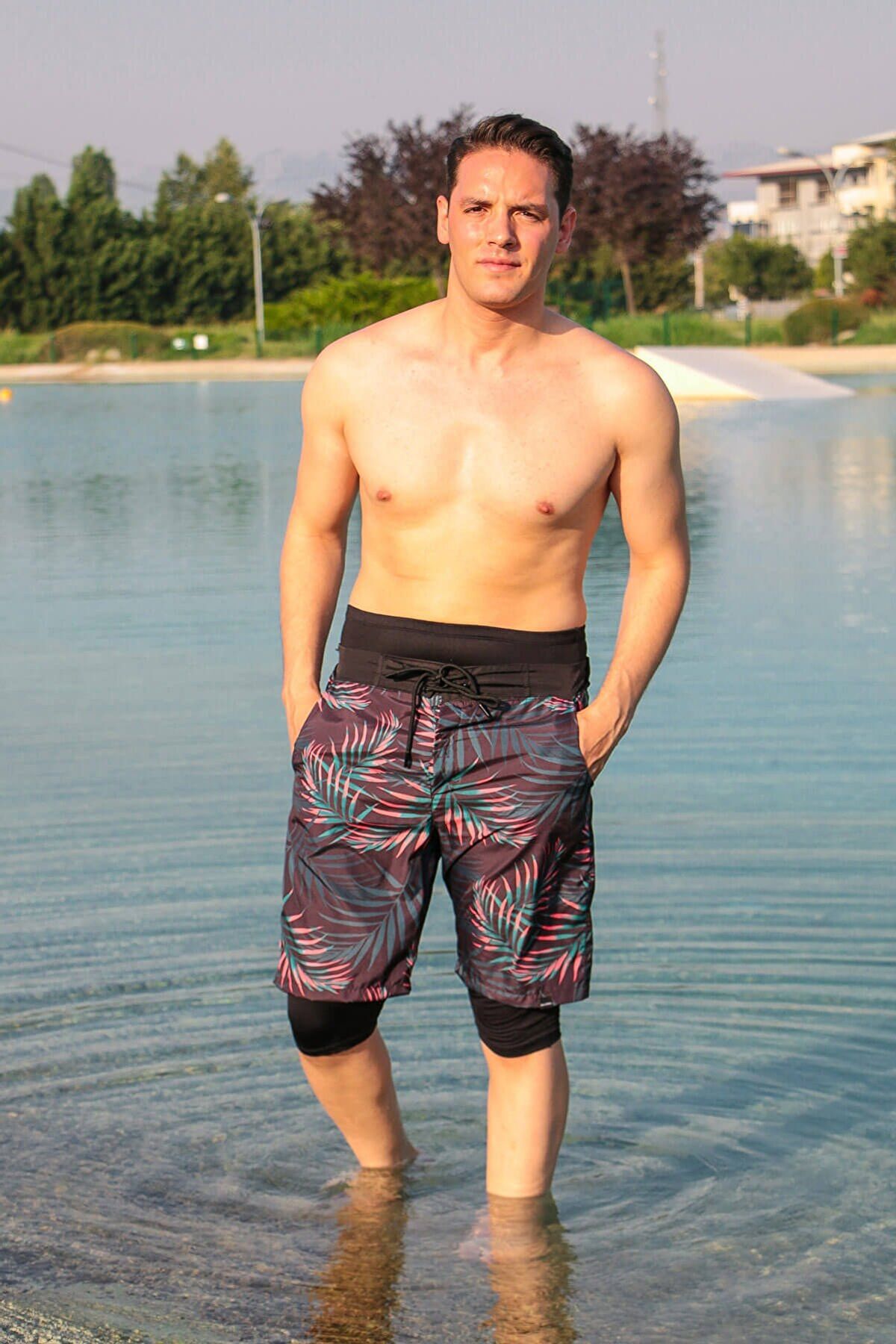 Marina Erkek Siyah Desenli Tesettür Mayo Deniz Şortu S2108 Ürün ikincil görseli