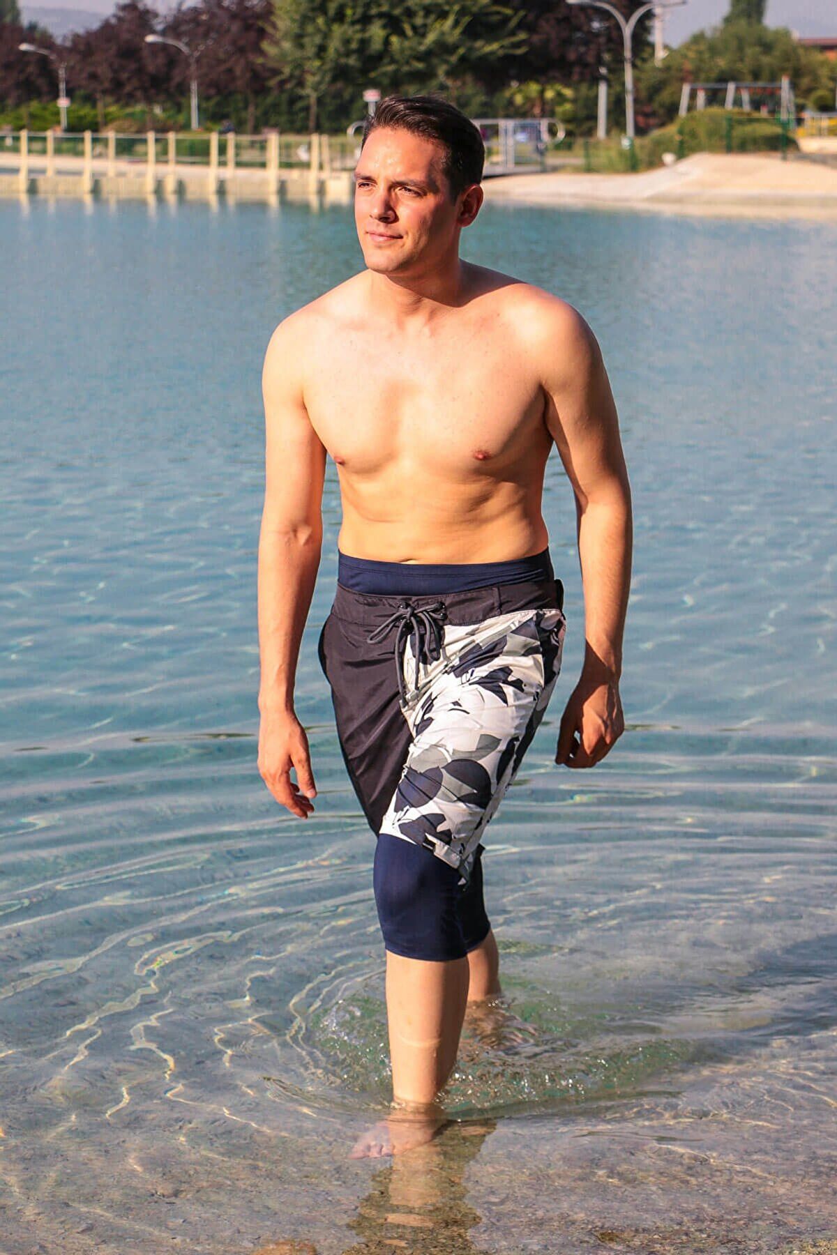 Marina Erkek Lacivert Füme Desenli Tesettür Mayo Deniz Şortu S2107