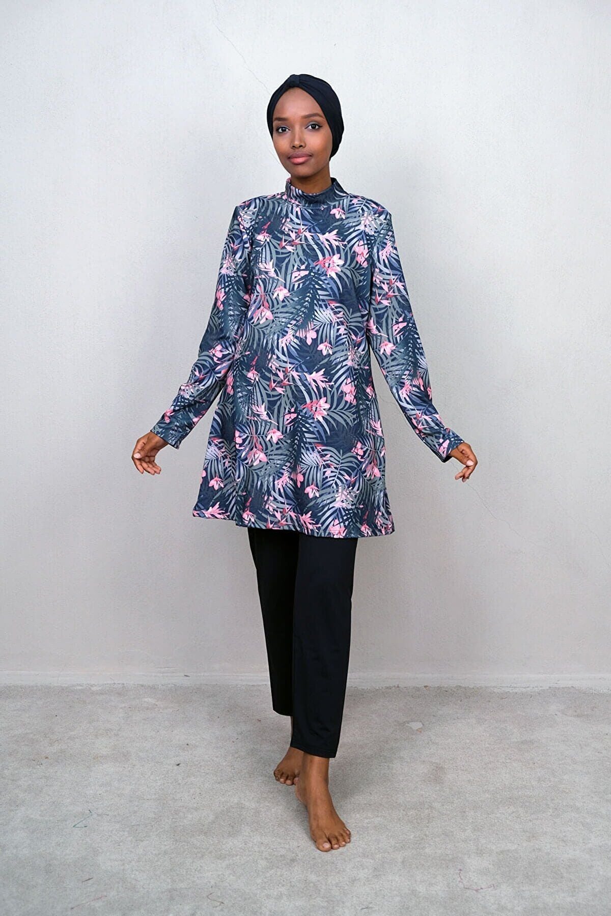 4’lü Siyah Kadın Yaprak Desenli Tam Kapalı Tesettür Mayo  M2242
