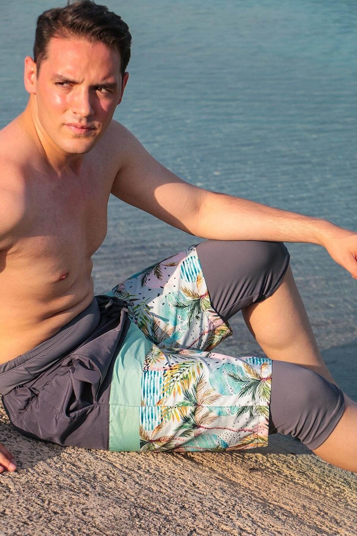 Marina Erkek Füme Desenli Tesettür Mayo Deniz Şortu S2106 Ürün ana görseli