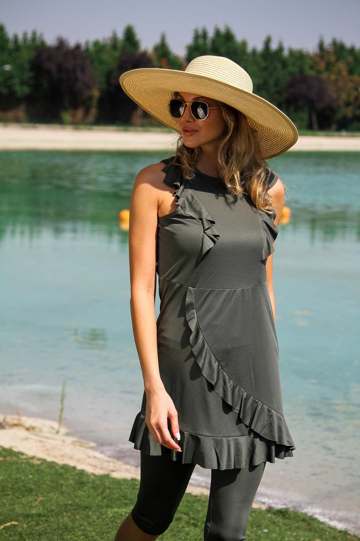 Rivamera 2'li Haki Yarı Kapalı Tesettür Elbise Mayo R2204 Ürün ikincil görseli