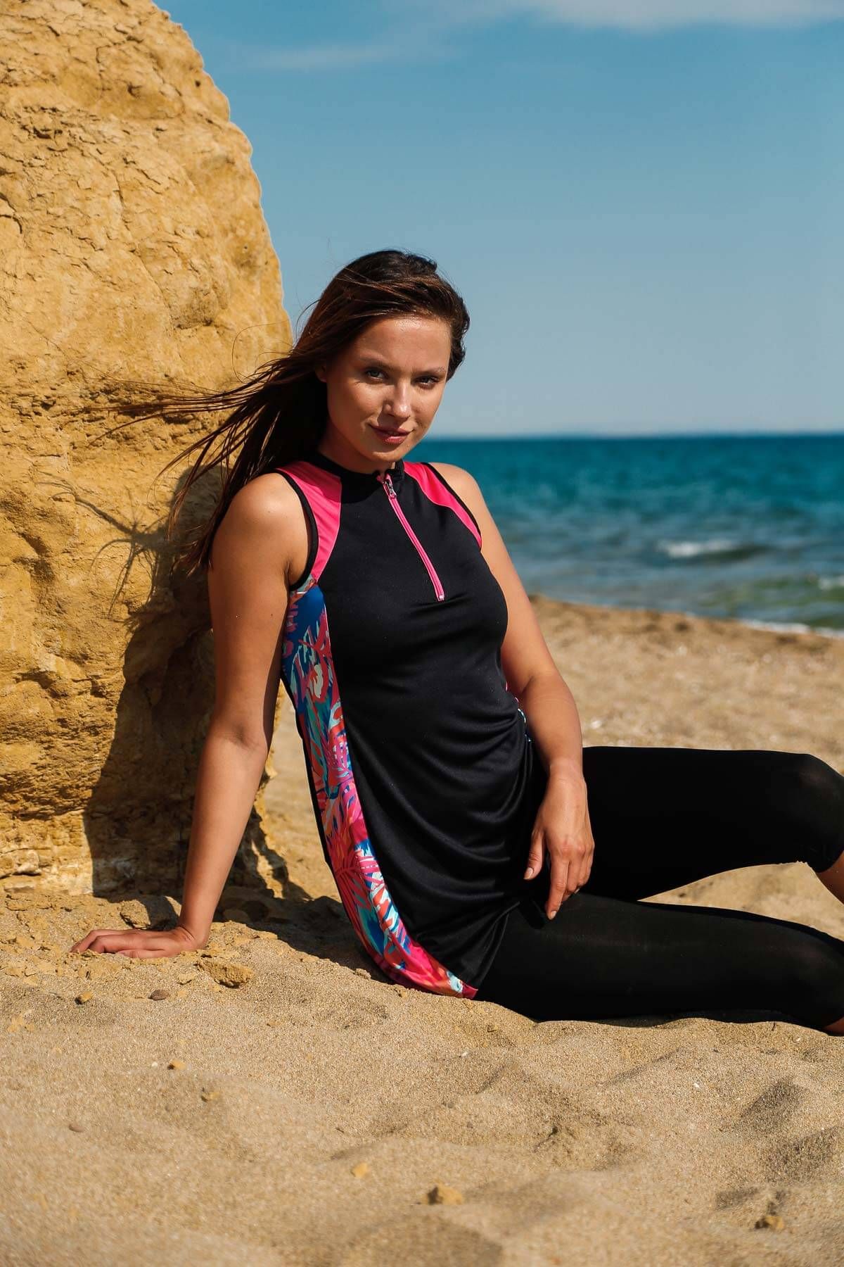 Rivamera 3'lü Siyah Yarı Kapalı Tesettür Elbise Mayo R2217