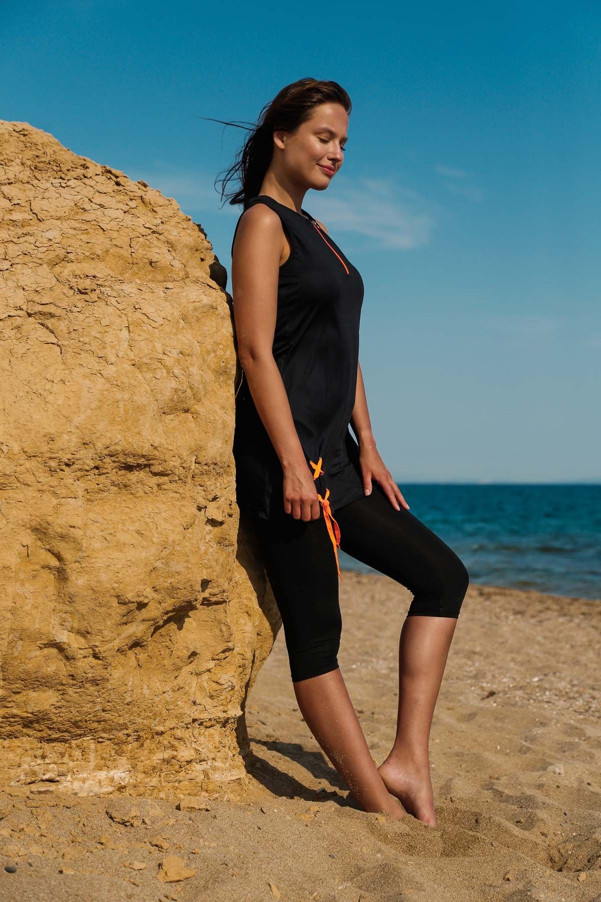 Rivamera 2'li Siyah Fermuarlı Yarı Kapalı Tesettür Elbise Mayo R2219