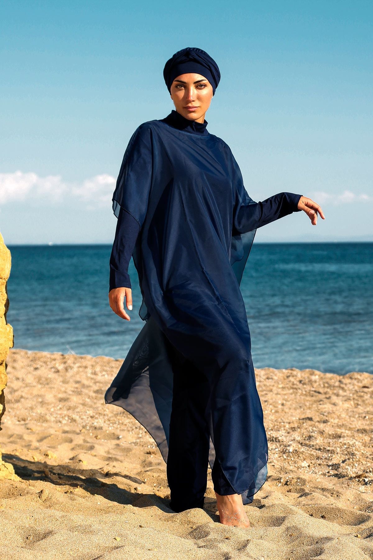 Marina Lacivert Tesettür Mayo Üstüne Giyilebilen Kaftan Kimono Pareo P2201