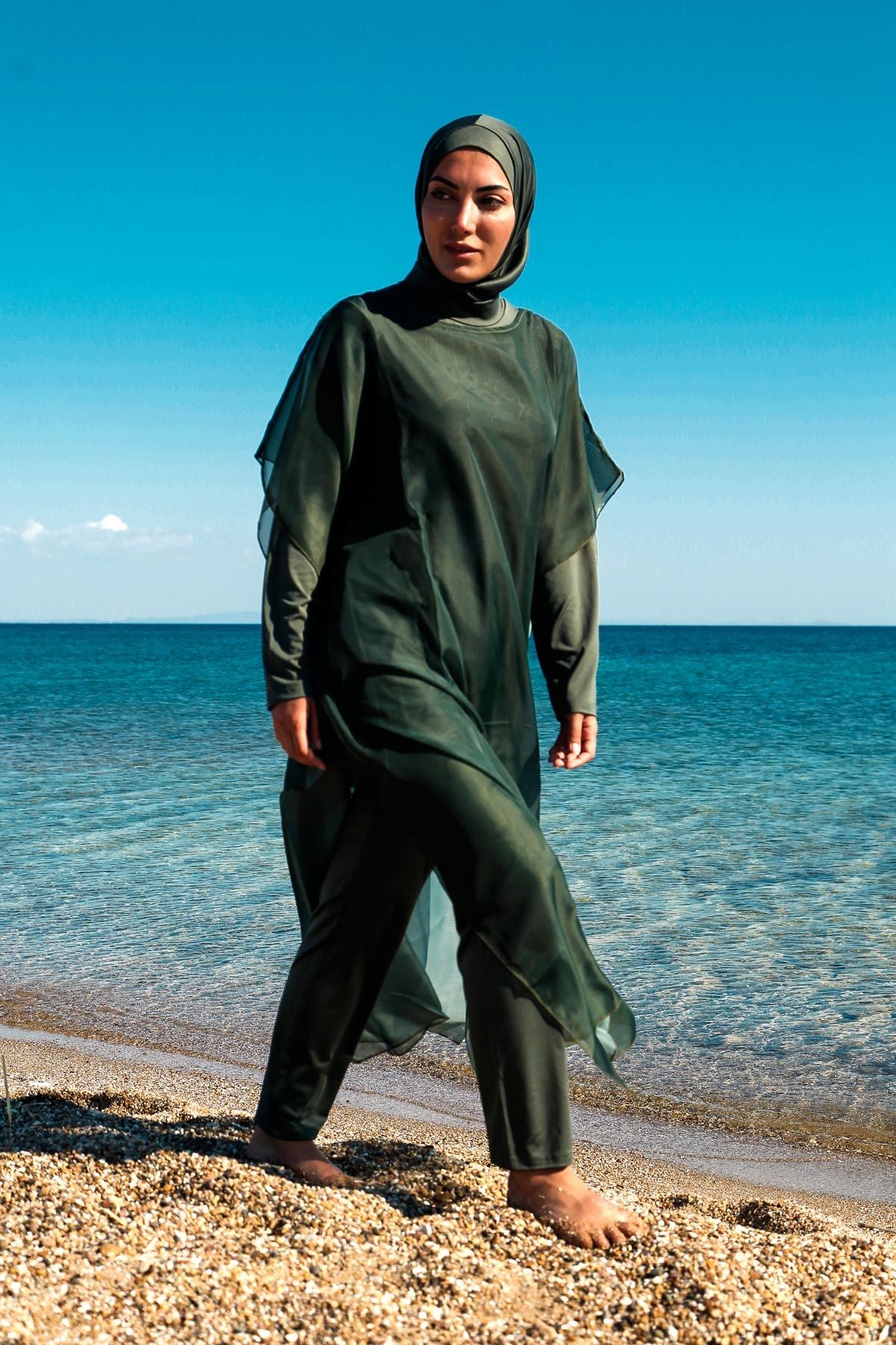 Marina Haki Tesettür Mayo Üzerine Kaftan Kimono Pareo P2202