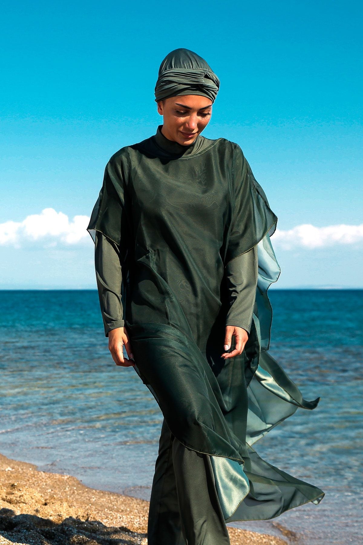 Marina Haki Tesettür Mayo Üzerine Kaftan Kimono Pareo P2202