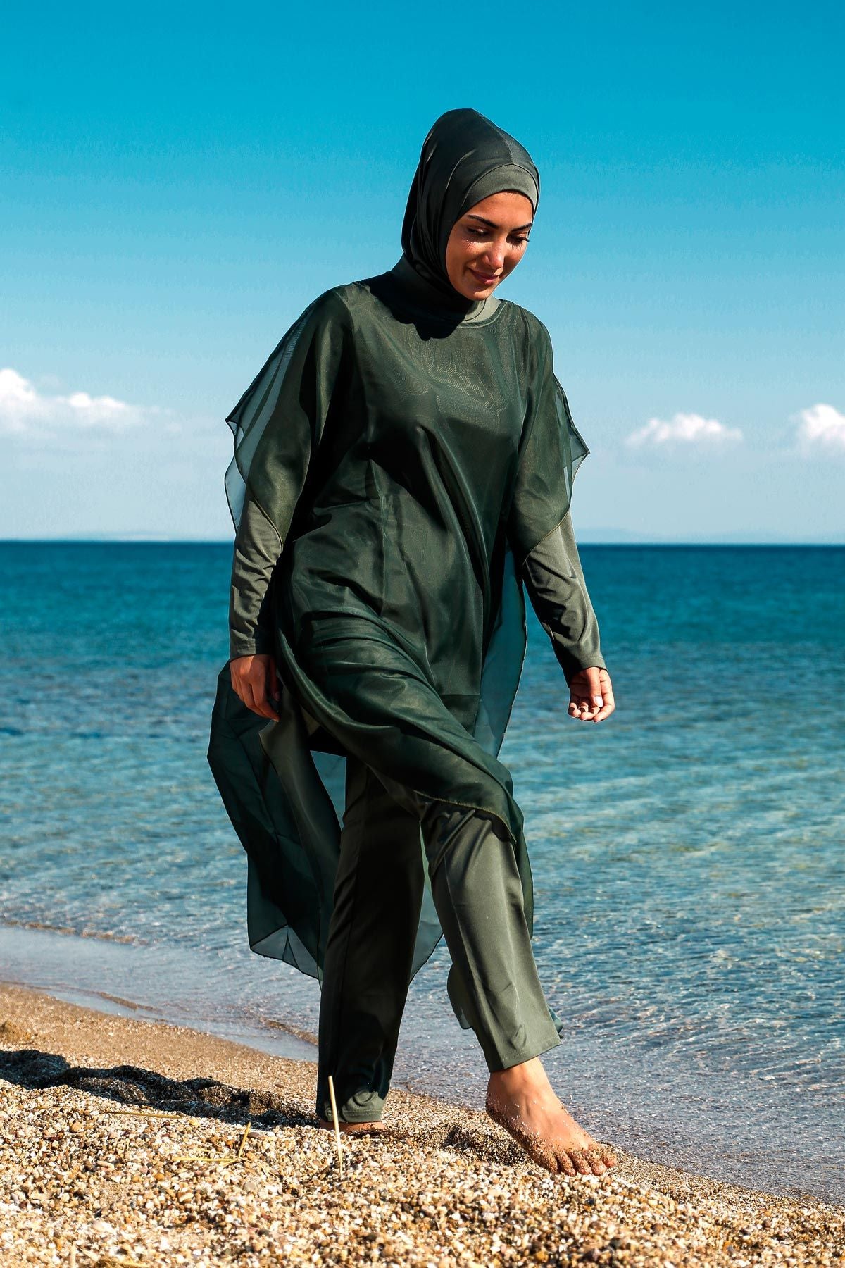 Marina Haki Tesettür Mayo Üzerine Kaftan Kimono Pareo P2202