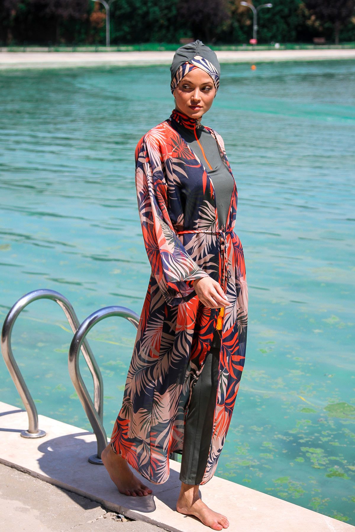 Marina Kadın Desenli Tesettür Mayo Üzerine Kimono Pareo P2204