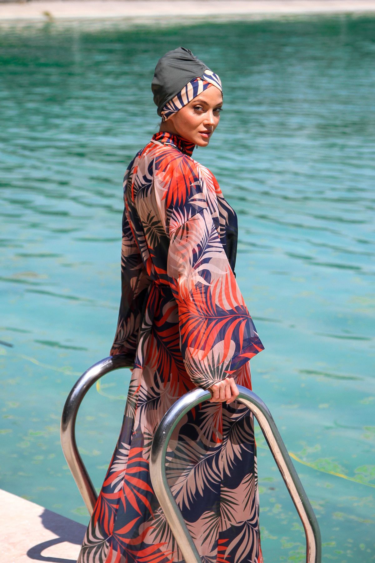 Marina Kadın Desenli Tesettür Mayo Üzerine Kimono Pareo P2204