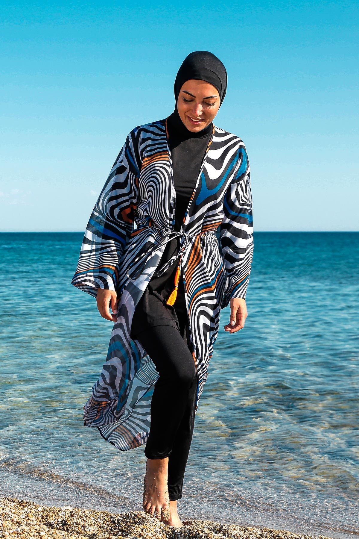 Marina Siyah Çizgi Desenli Kadın Tesettür Mayo Üzerine Kimono Pareo P2205