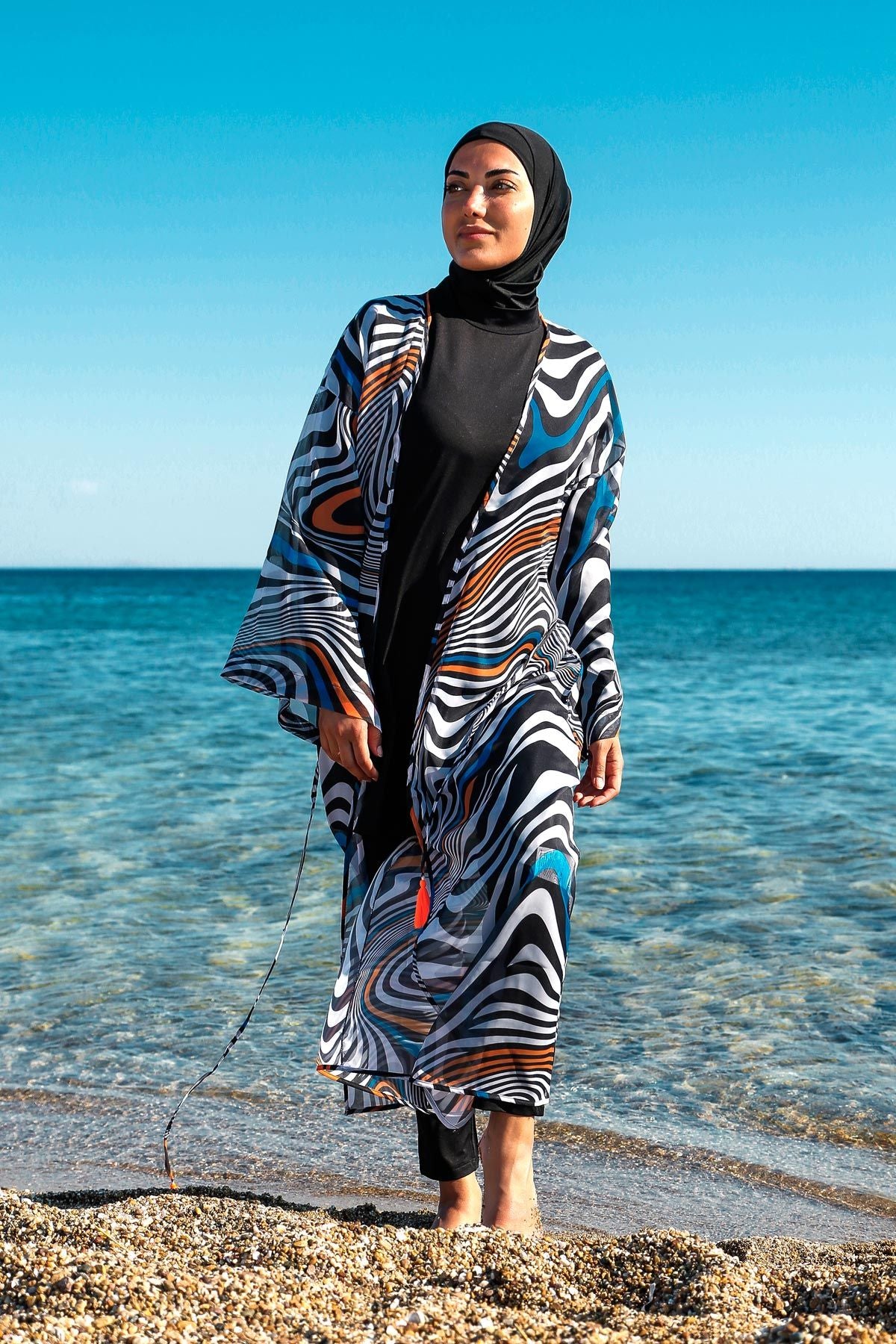 Marina Siyah Çizgi Desenli Kadın Tesettür Mayo Üzerine Kimono Pareo P2205 Ürün ikincil görseli
