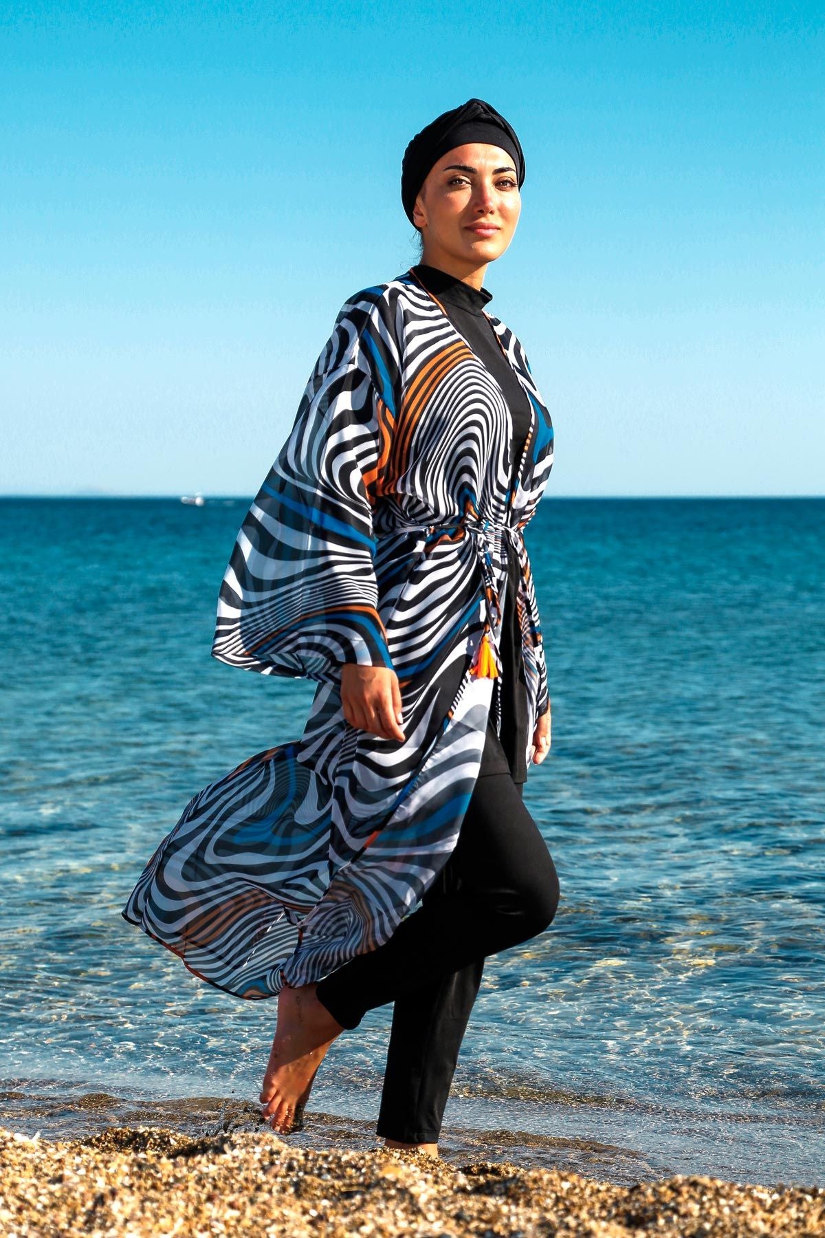 Marina Siyah Çizgi Desenli Kadın Tesettür Mayo Üzerine Kimono Pareo P2205