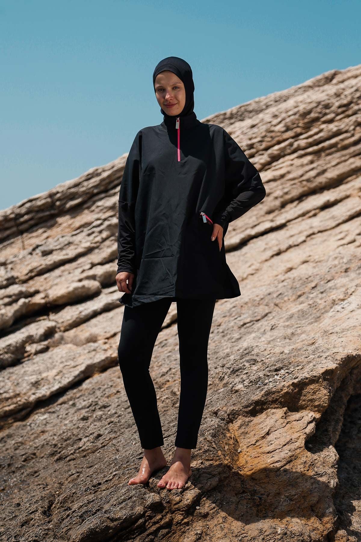 Paraşüt 3’lü  Siyah File Cep Detaylı Tam Kapalı Tesettür Mayo  M2275