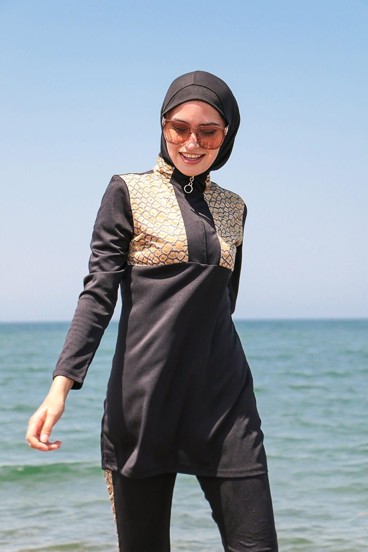 Rivamera 4'lü Siyah Yılan Derisi Desenli Tam Kapalı Tesettür Mayo R1121