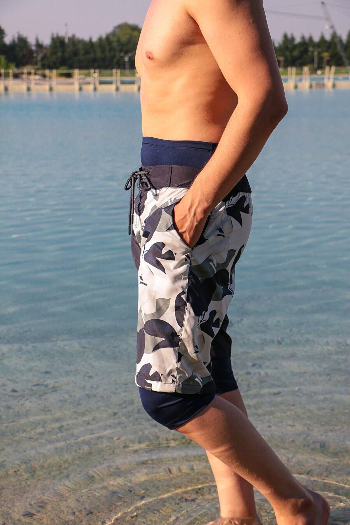 Marina Erkek Lacivert Füme Desenli Tesettür Mayo Deniz Şortu S2107