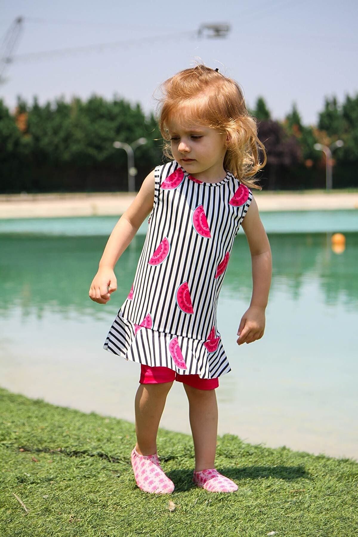 Marina Çocuk Fuşya Karpuz Desenli Tesettür Mayo K2209