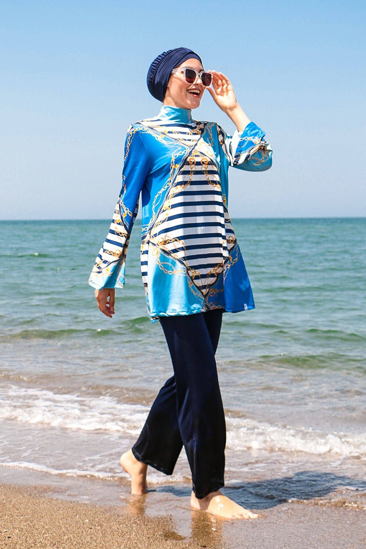 İp Bağlamalı 4’lü Lacivert Geometrik Desenli Tam Kapalı Tesettür Mayo 1949