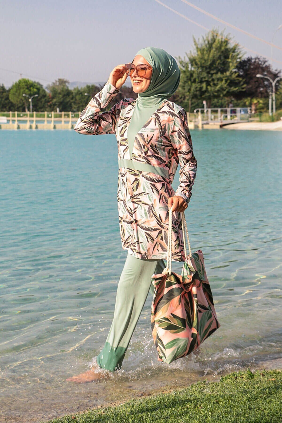 3'lü Yeşil Yaprak Desenli Tam Kapalı Tesettür Mayo M2123