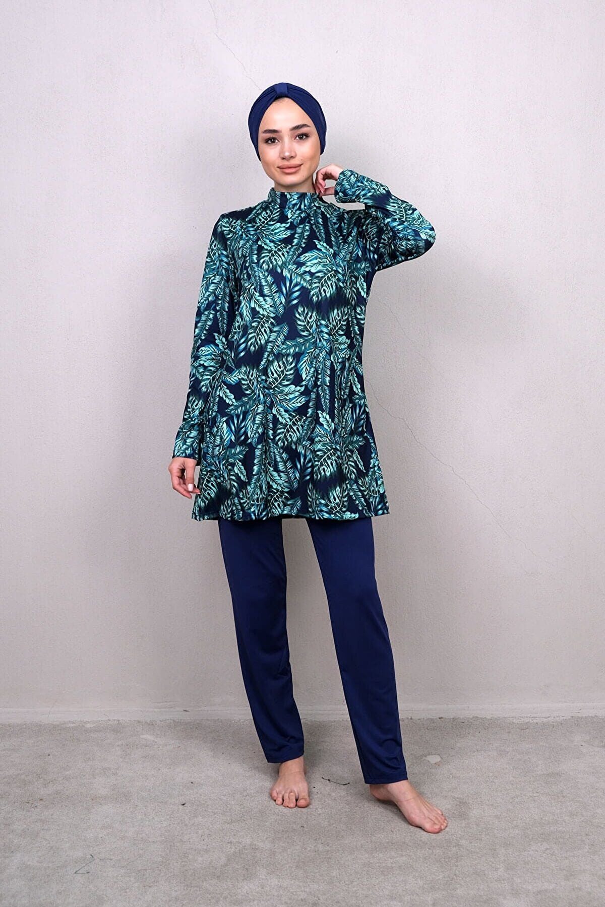 4’lü Lacivert Yaprak Desenli Tam Kapalı Tesettür Mayo  M2240 Ürün ikincil görseli