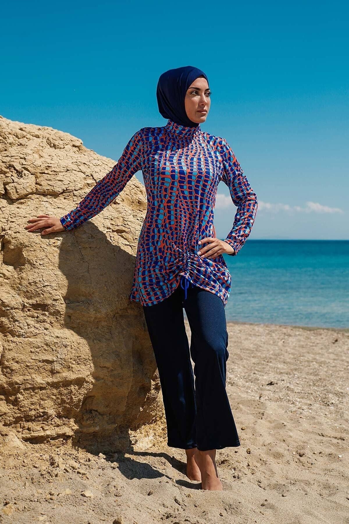 Rivamera 4'lü Lacivert Desenli Tam Kapalı Tesettür Mayo R1104