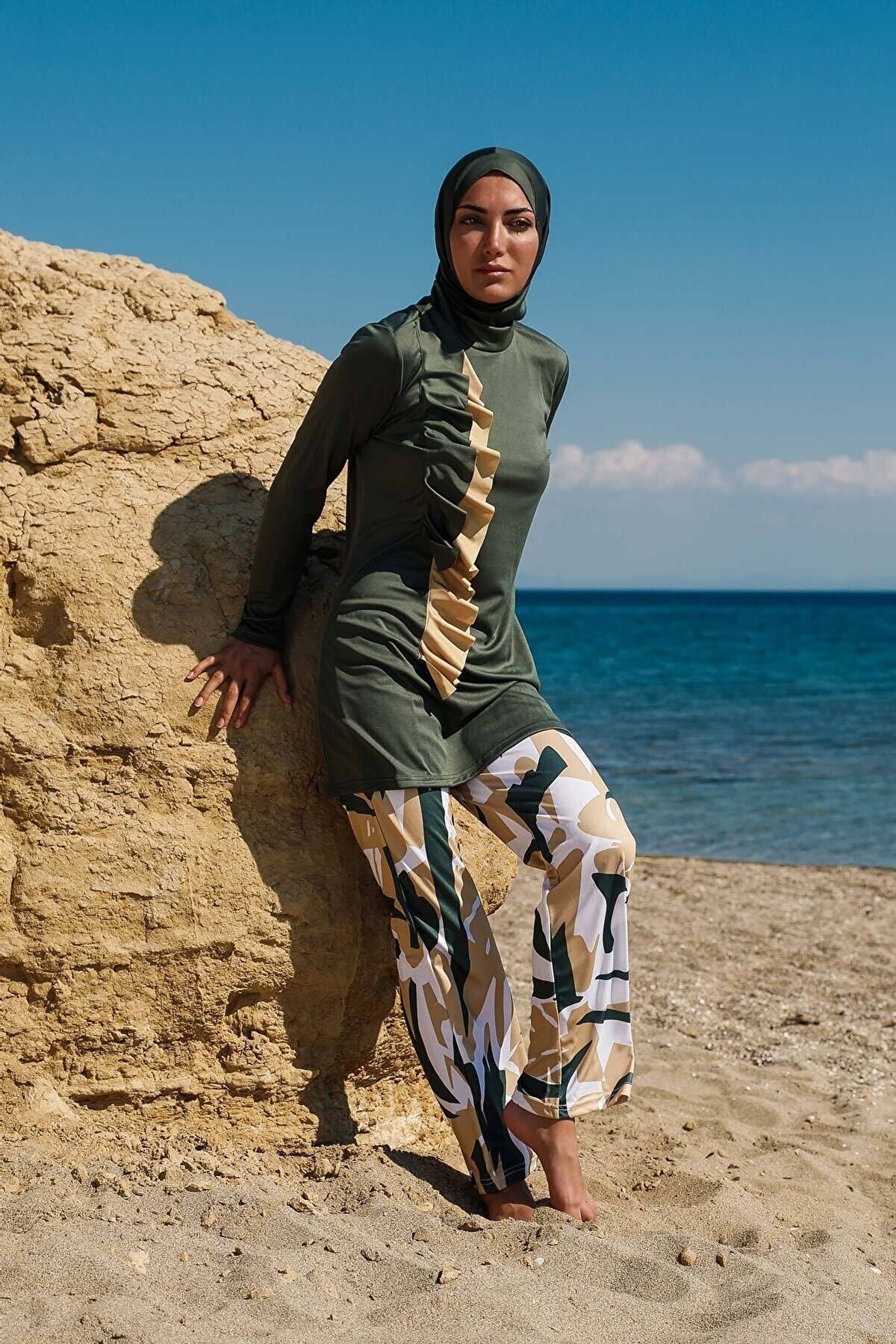 Rivamera 4'lü Haki Volan Detaylı Tam Kapalı Tesettür Mayo R1105