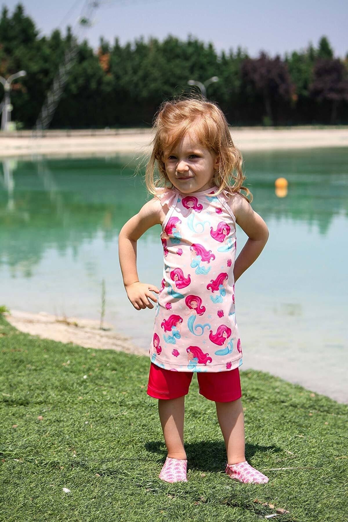 Marina Çocuk Pudra Deniz Kızı Desenli Tesettür Mayo K2202