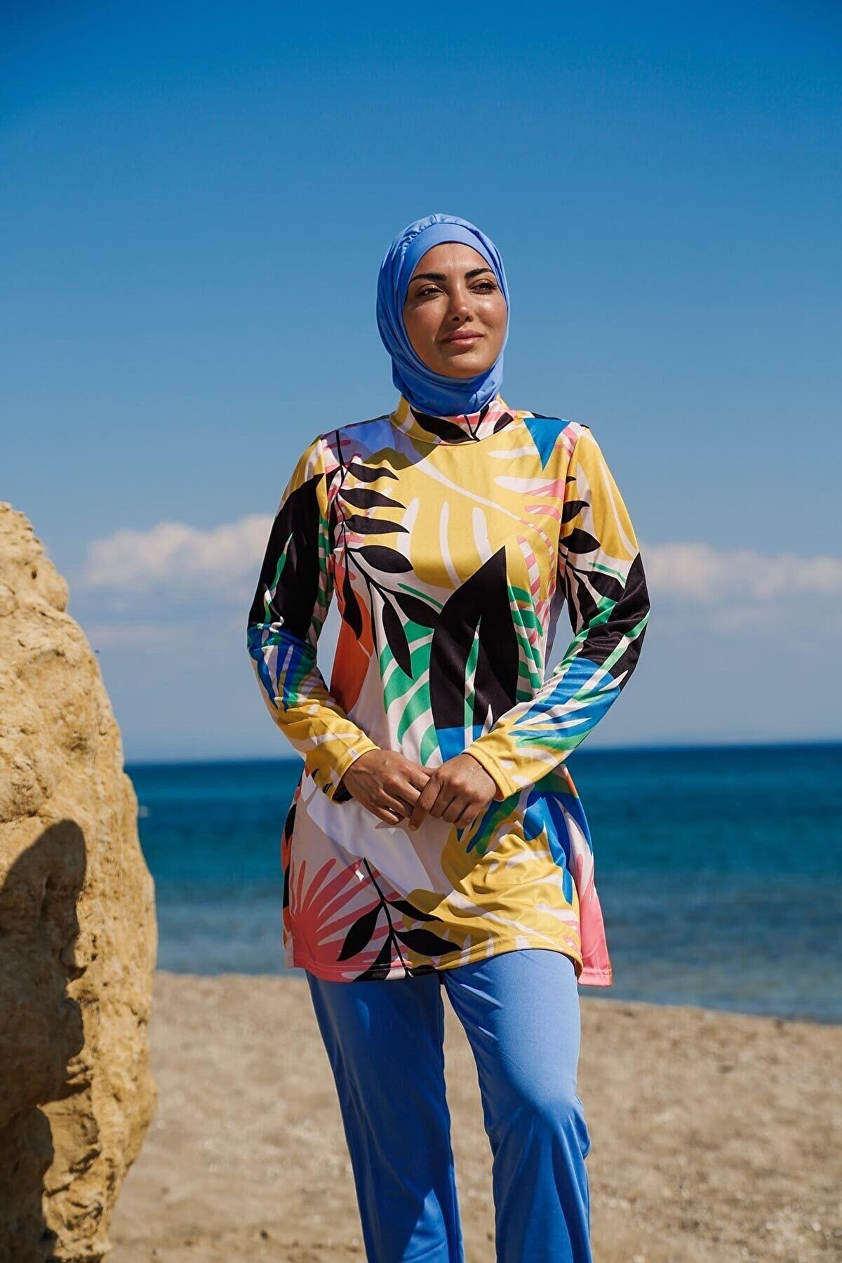 Rivamera 3'lü Mavi Tropik Yaprak Desenli Tam Kapalı Tesettür Mayo R1110