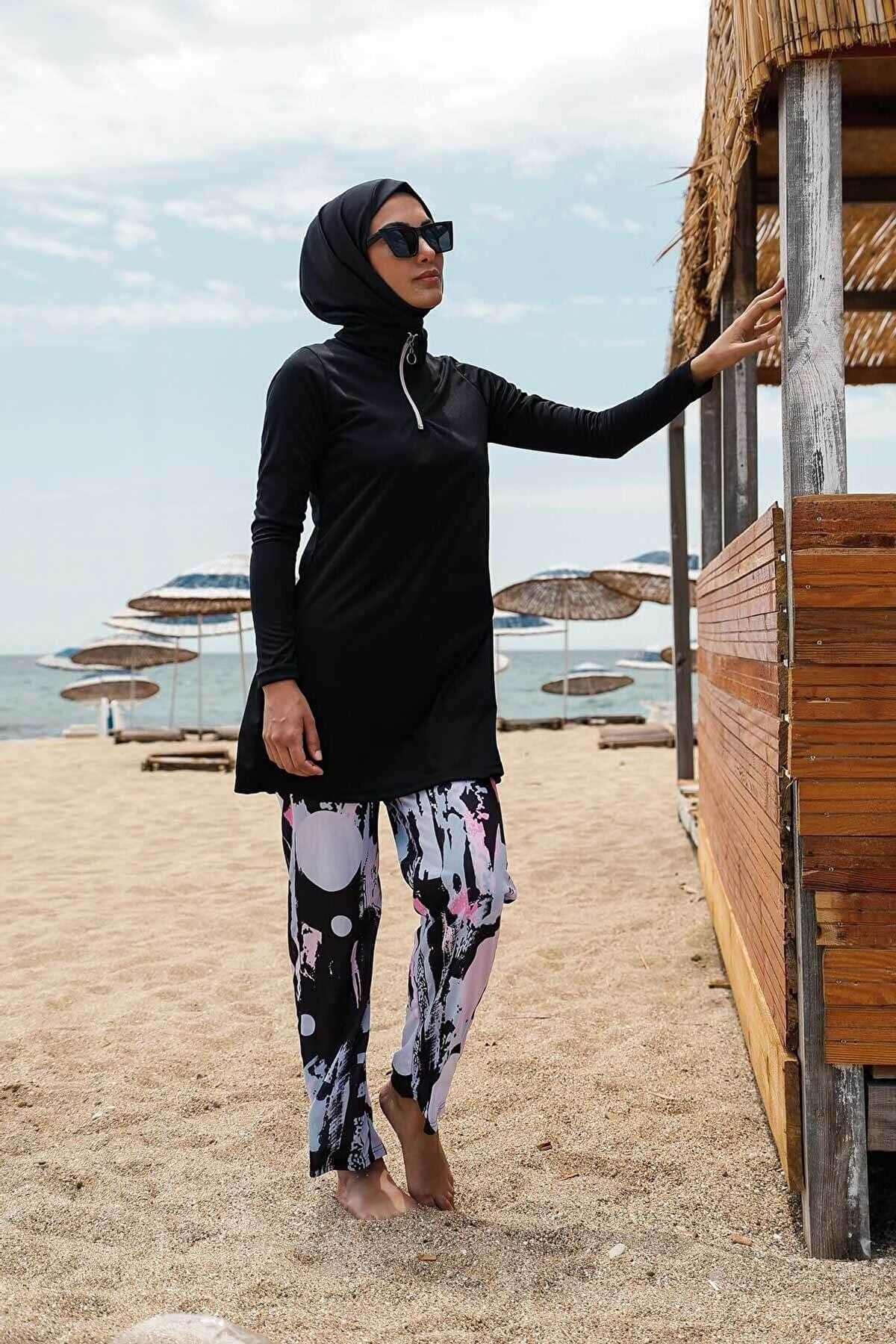 Rivamera 4'lü Siyah Desen Tam Kapalı Tesettür Mayo R1101