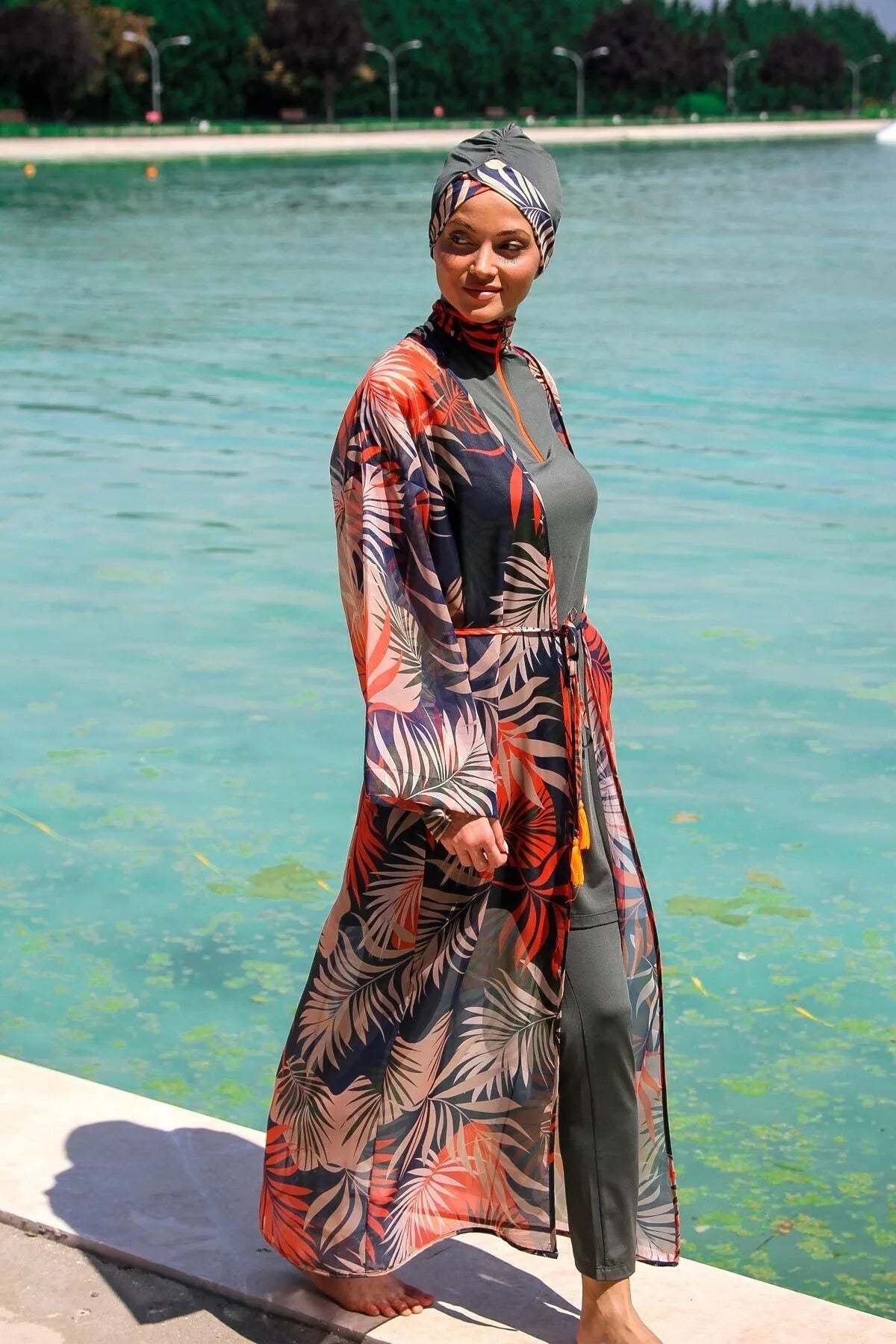 Marina Kadın Desenli Tesettür Mayo Üzerine Kimono Pareo P2204