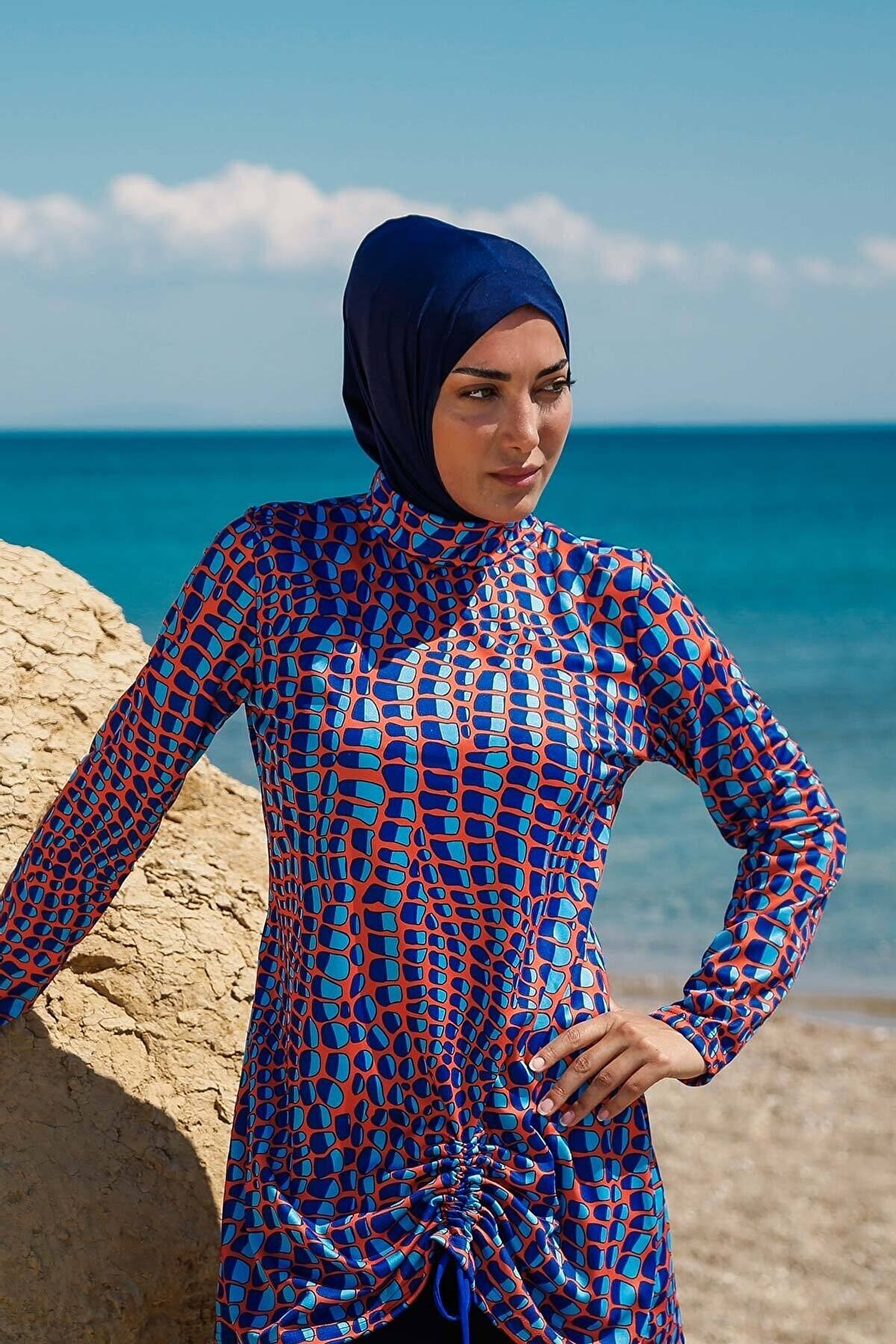 Rivamera 4'lü Lacivert Desenli Tam Kapalı Tesettür Mayo R1104