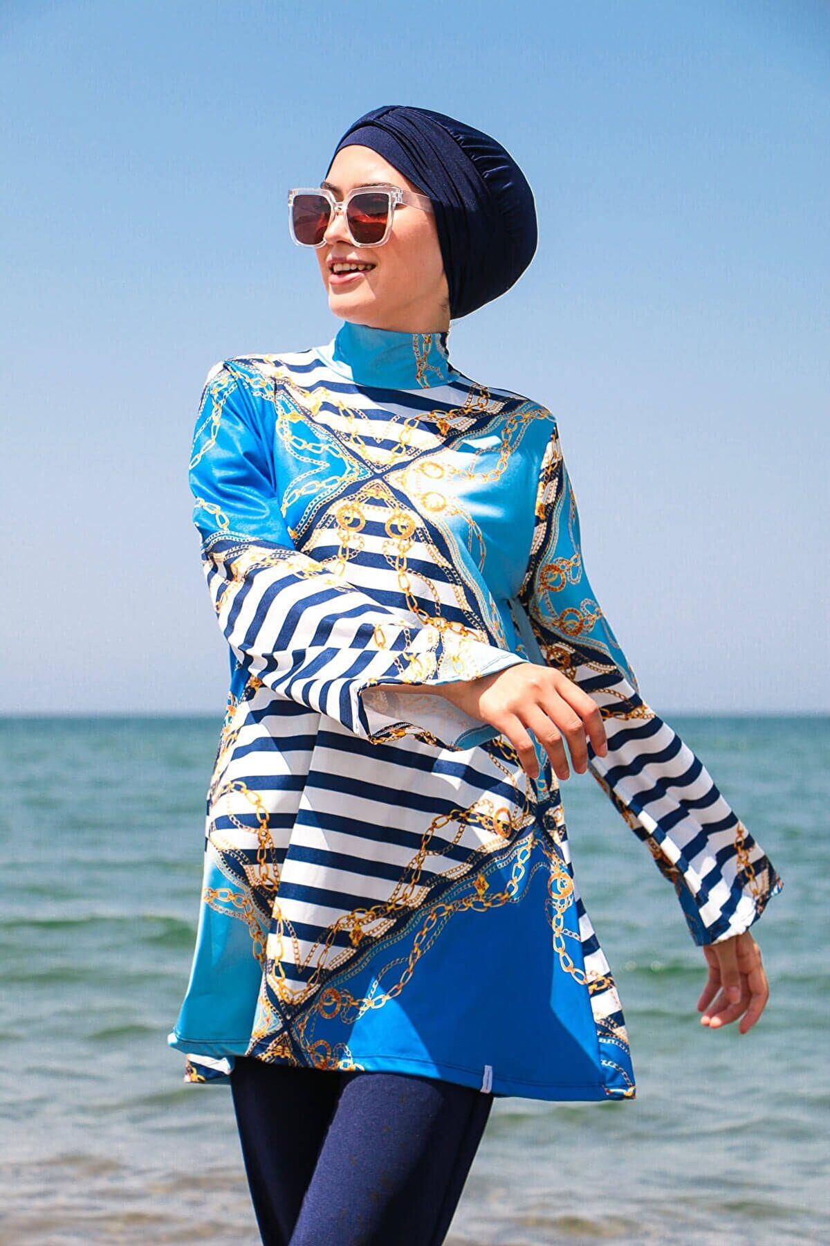 İp Bağlamalı 4’lü Lacivert Geometrik Desenli Tam Kapalı Tesettür Mayo 1949