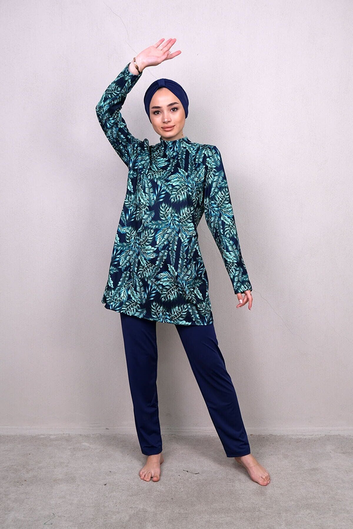 4’lü Lacivert Yaprak Desenli Tam Kapalı Tesettür Mayo  M2240 Ürün ana görseli