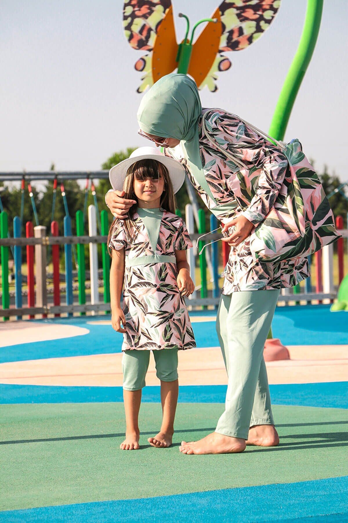 3'lü Yeşil Yaprak Desenli Tam Kapalı Tesettür Mayo M2123