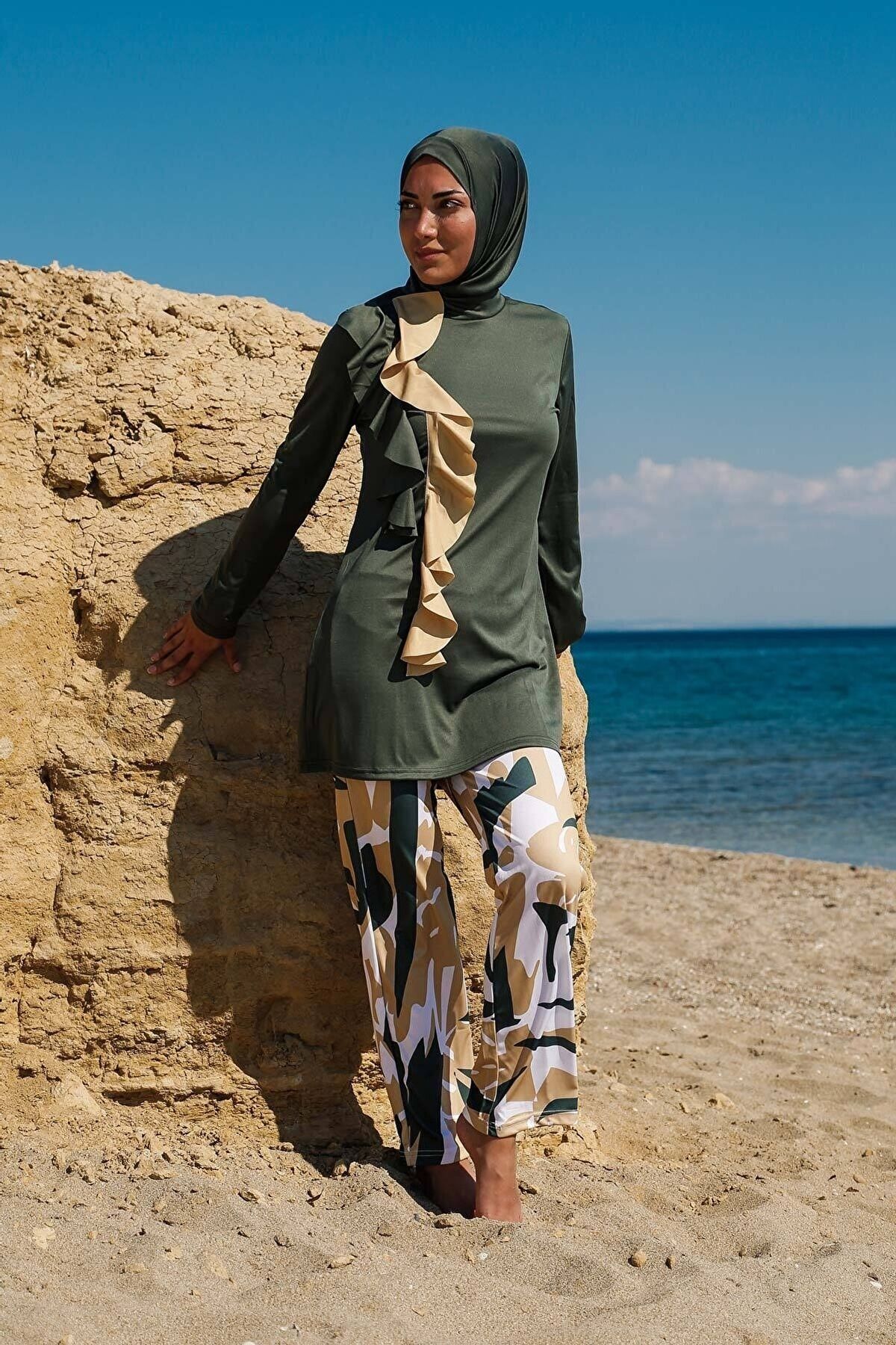 Rivamera 4'lü Haki Volan Detaylı Tam Kapalı Tesettür Mayo R1105