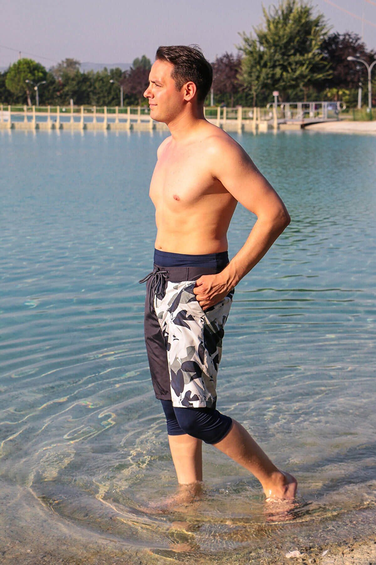 Marina Erkek Lacivert Füme Desenli Tesettür Mayo Deniz Şortu S2107