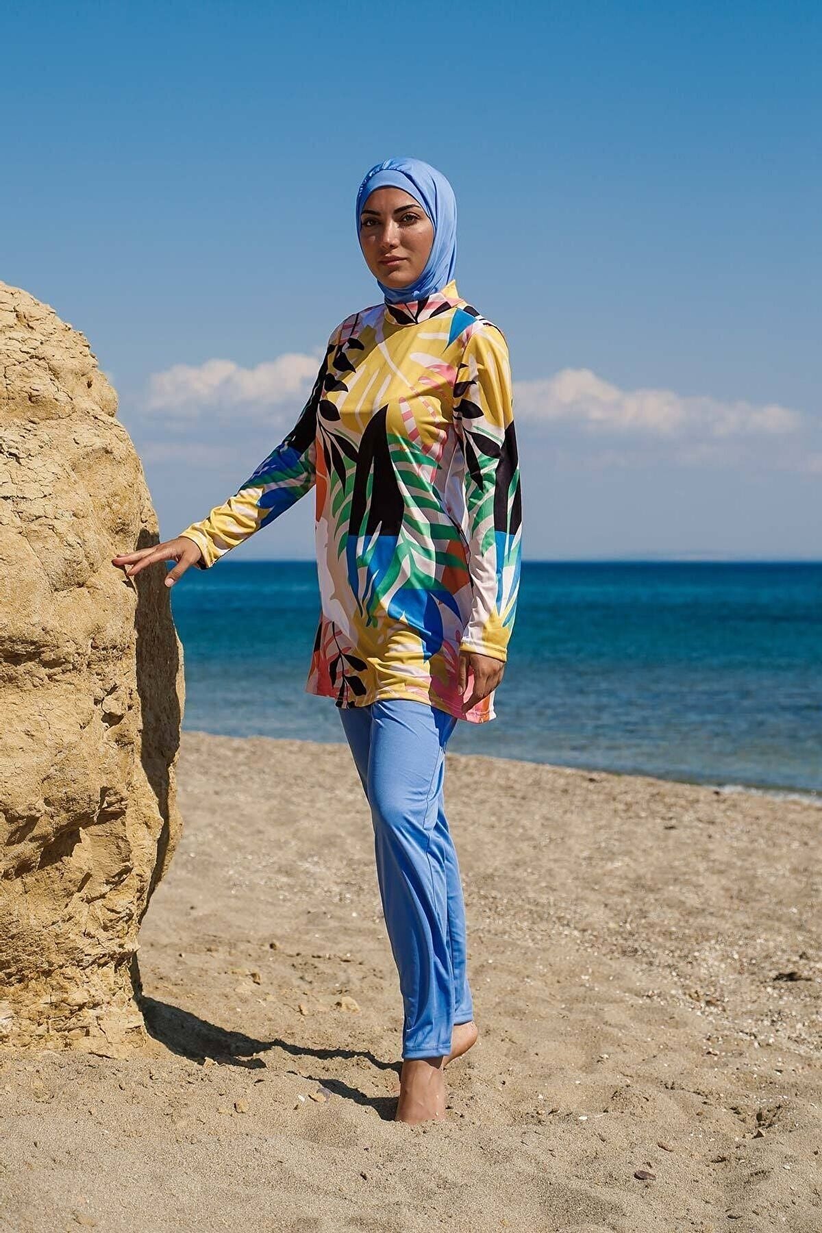 Rivamera 3'lü Mavi Tropik Yaprak Desenli Tam Kapalı Tesettür Mayo R1110