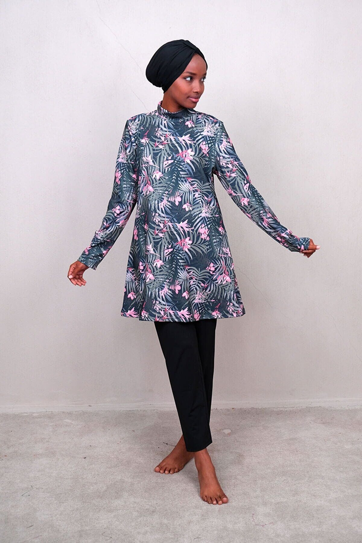 4’lü Siyah Kadın Yaprak Desenli Tam Kapalı Tesettür Mayo  M2242 Ürün ikincil görseli