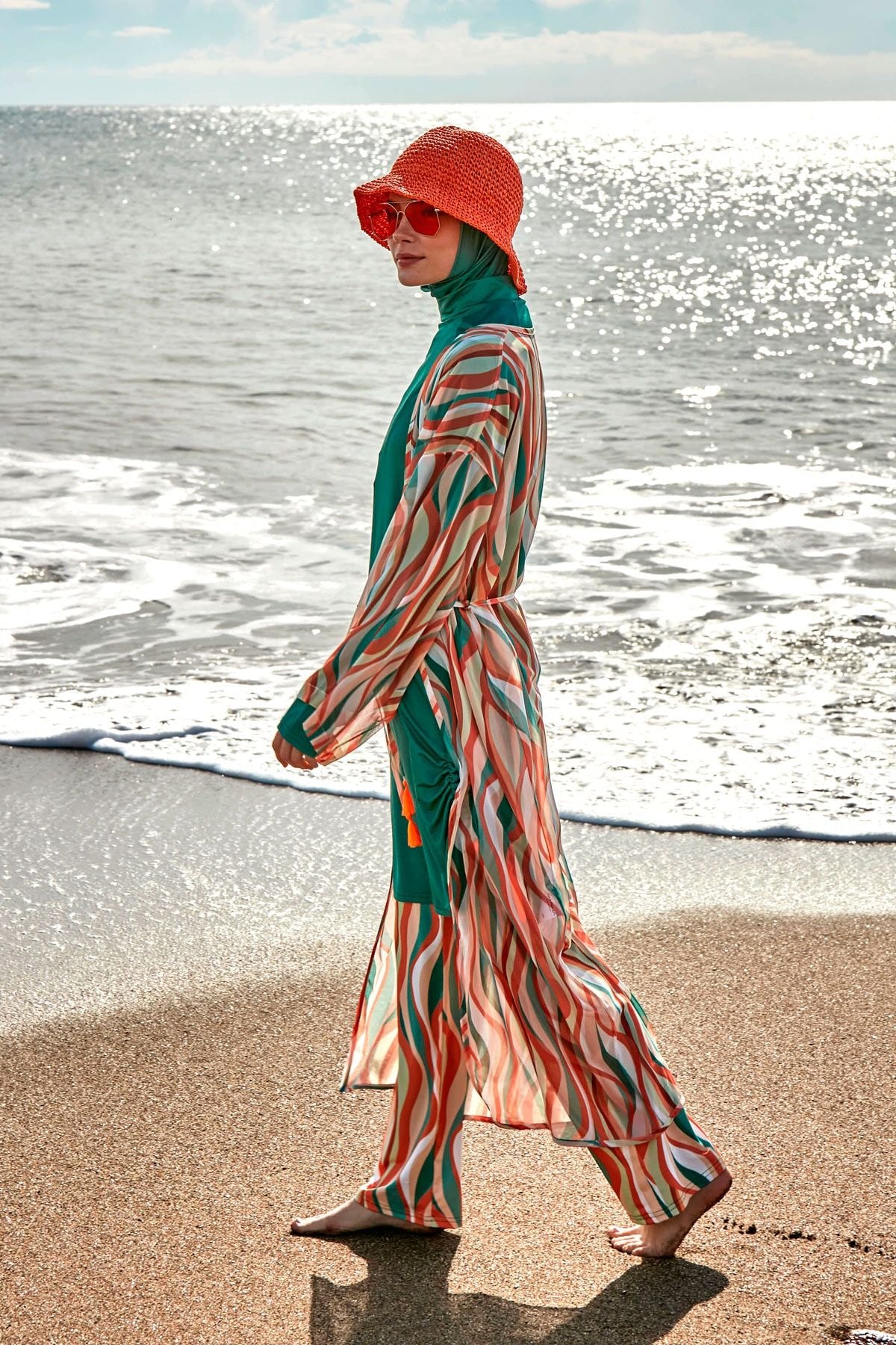 Desenli Yeşil Kimono Kaftan P2422