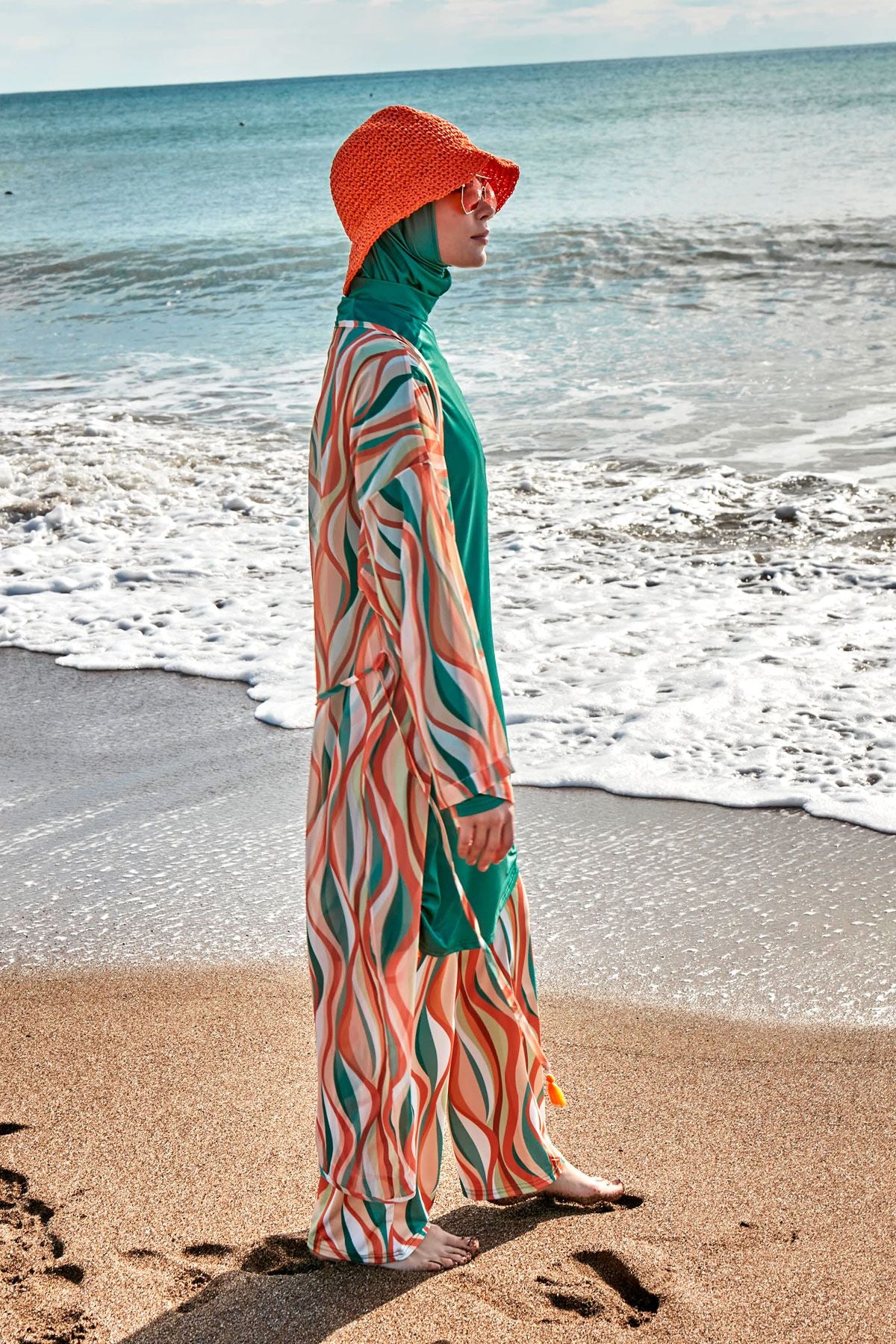 Desenli Yeşil Kimono Kaftan P2422