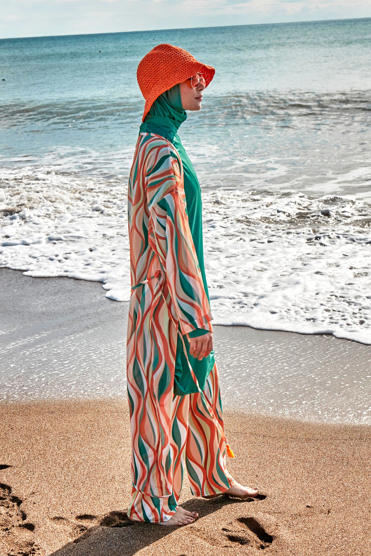 Desenli Yeşil Şifon Plaj Kimonosu ve Kaftan – P2422