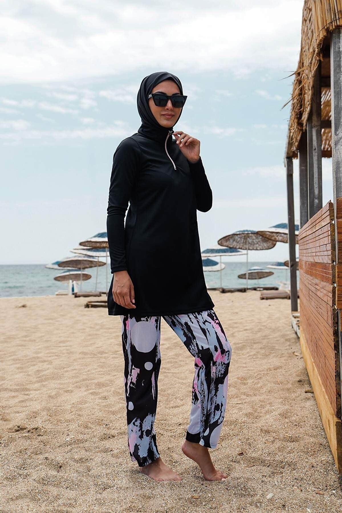 Rivamera 4'lü Siyah Desen Tam Kapalı Tesettür Mayo R1101