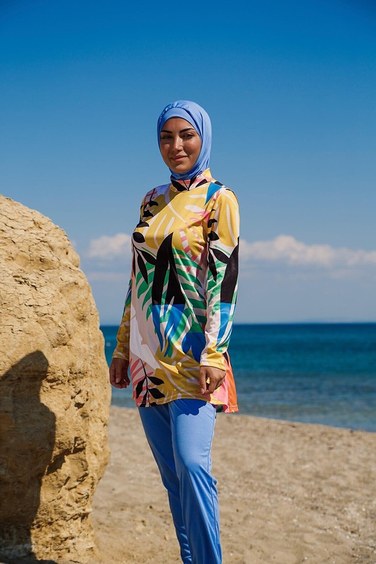 Rivamera 3'lü Mavi Tropik Yaprak Desenli Tam Kapalı Tesettür Mayo R1110