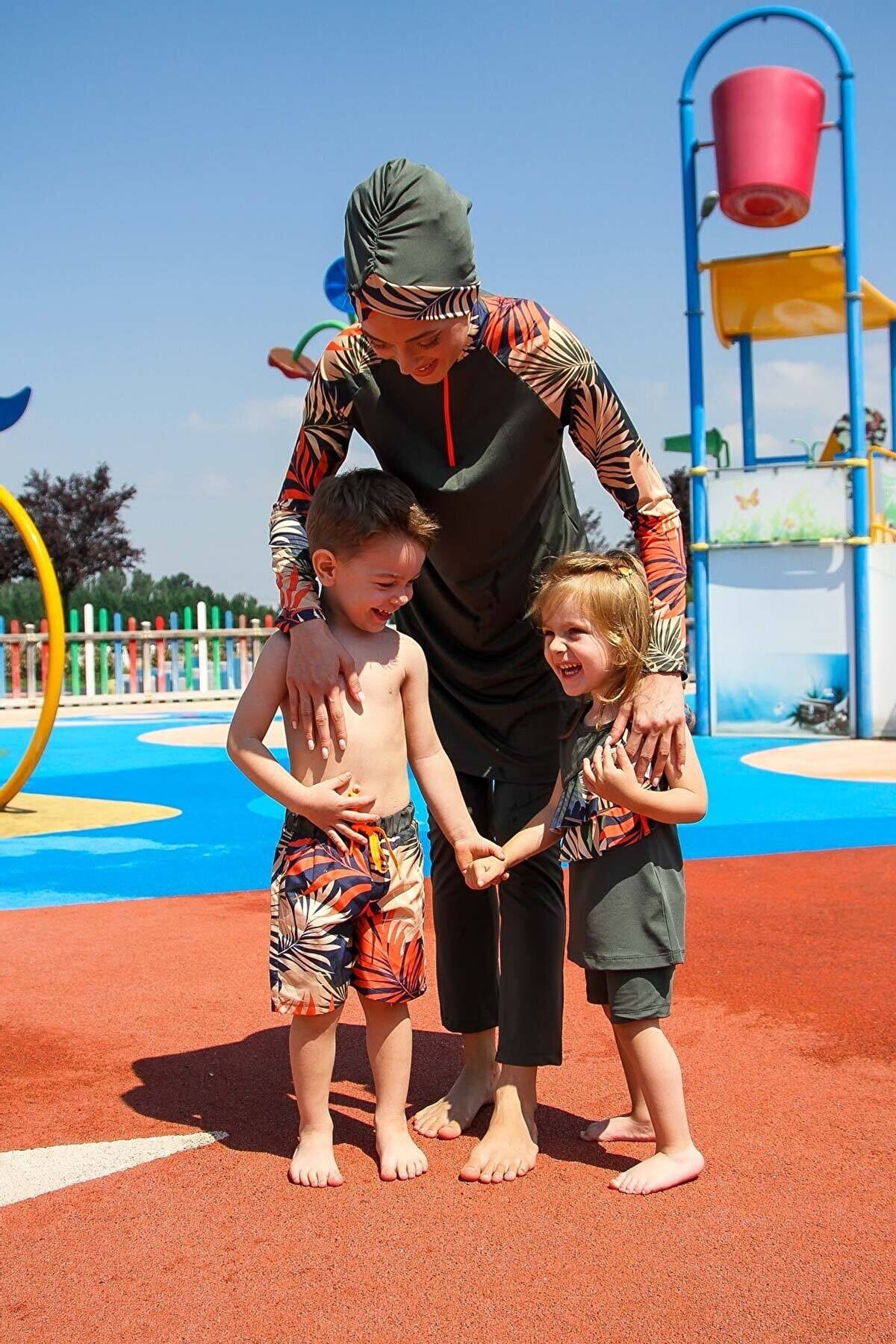 Marina Çocuk Haki Yaprak Desenli Tesettür Mayo K2212