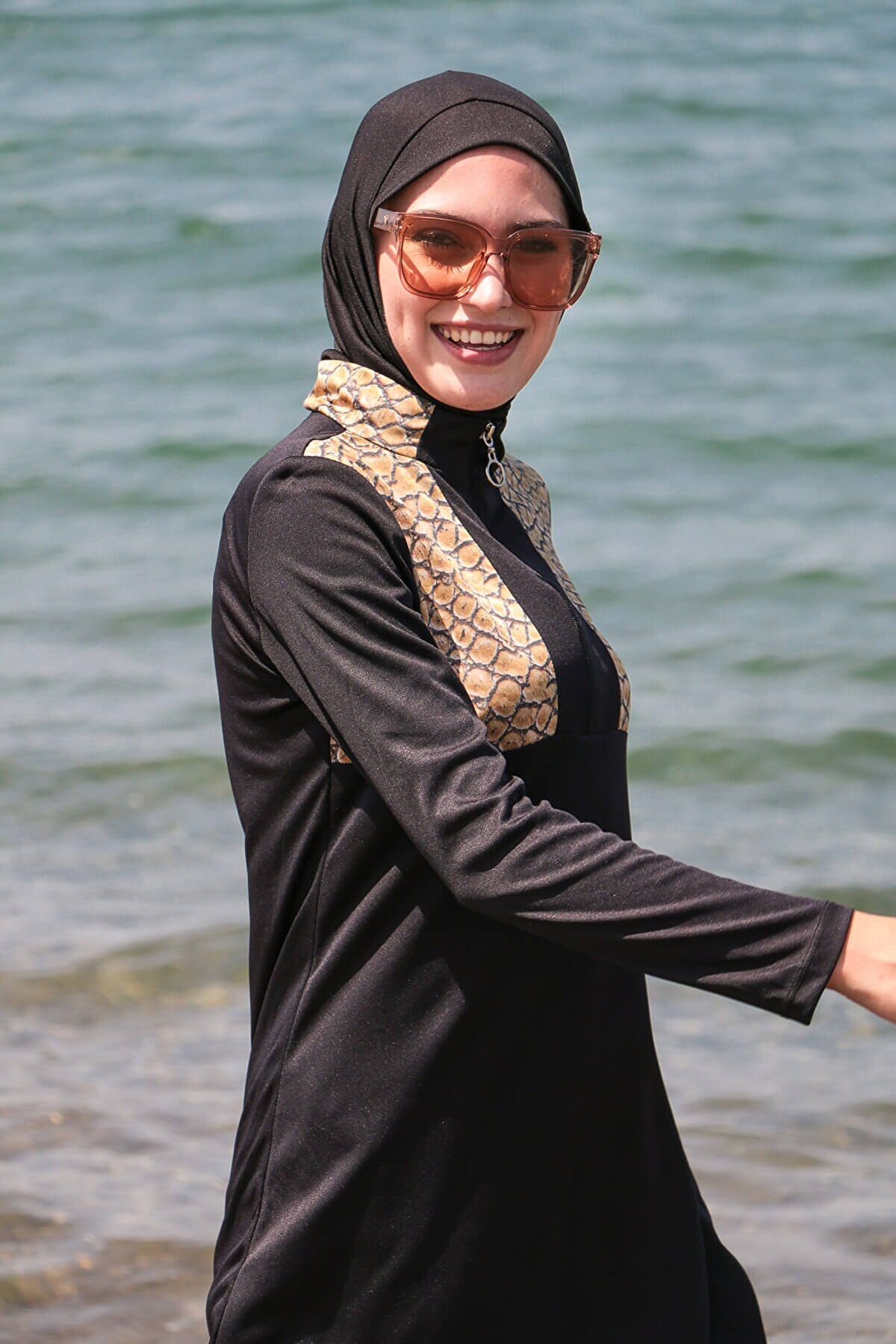 Rivamera 4'lü Siyah Yılan Derisi Desenli Tam Kapalı Tesettür Mayo R1121