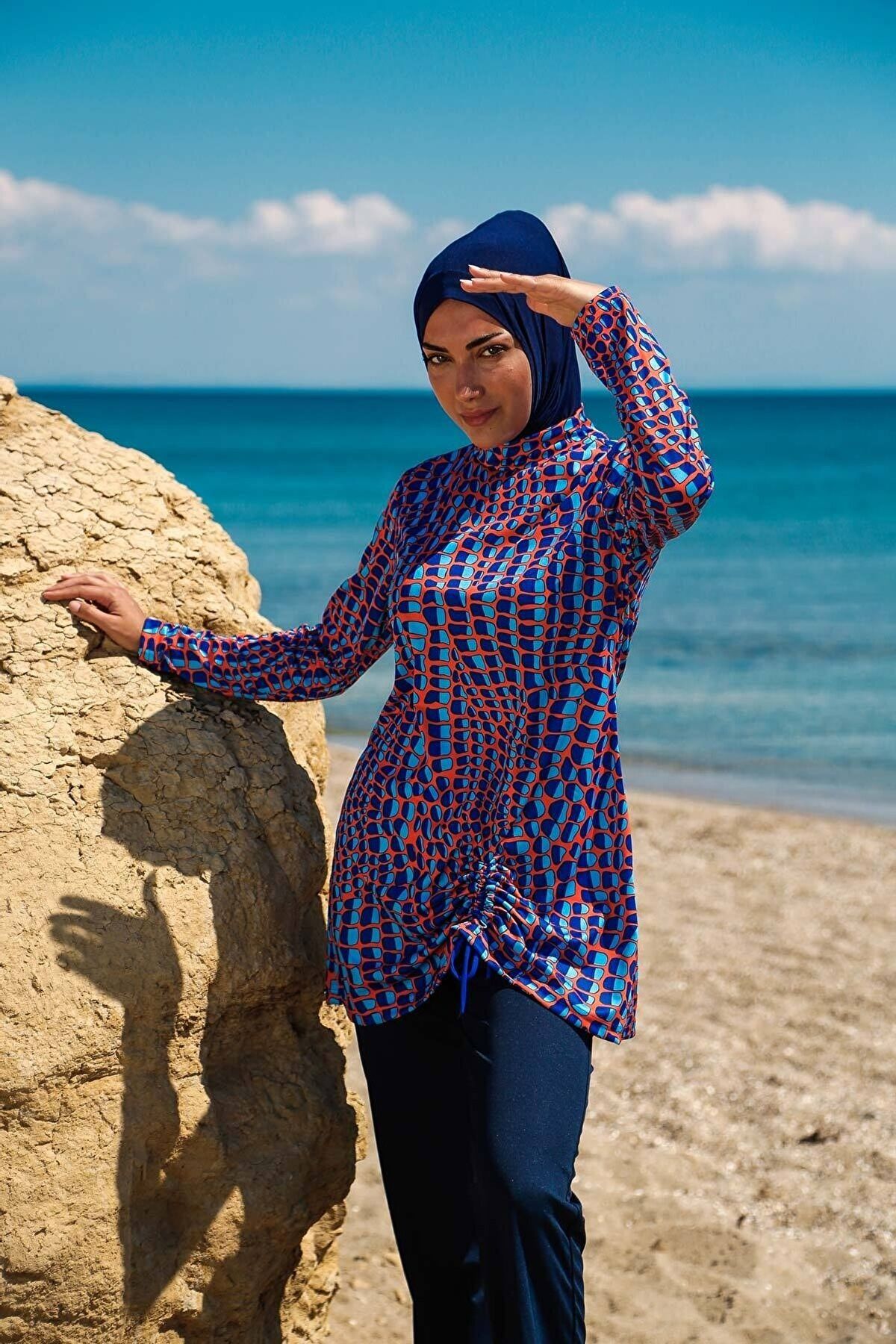 Rivamera 4'lü Lacivert Desenli Tam Kapalı Tesettür Mayo R1104